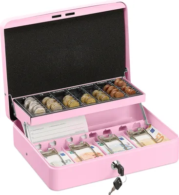 Image de Relaxdays Caisse à monnaie verrouillable, planche à compter les pièces & 4 compartiments à billets, caisse à monnaie en fer, h x l x p : 8,5 x 30,5 x 24,5 cm, rose