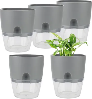 Obrázok produktu pre Samozavlažovacie kvetináče - Sivé - 15 cm - Plastové - Kvetináče na bylinky - Zásobník na vodu - Samozavlažovací kvetináč - Zavlažovací systém - Kuchynské bylinky - Vnútorné - 5 kusov.