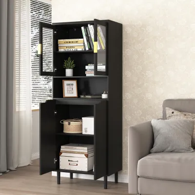 Image de MODFU Bibliothèque Moderne Avec 4 Portes En Verre Trempé - Meuble De Rangement Haut Avec Étagères Réglables, 60 x 35 x 160 cm, Panneau De Particules - Noir
