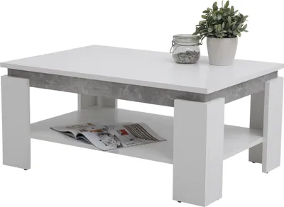 Produktbild von Couchtisch Wohnzimmertisch Tim II - Nachbildung Weiß/Betonoptik - Melaminbeschichtung - großer Ablageboden - Maß 90 x 60 cm