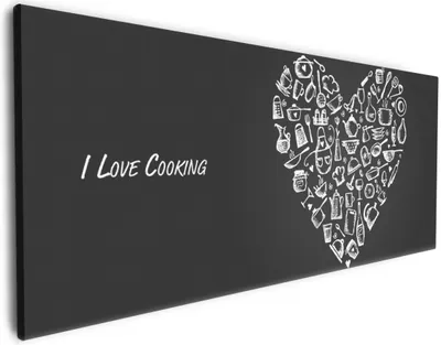 Produktbild von Wallario Premium Leinwandbild I Love Cooking - Herz aus Küchenutensilien in schwarz weiß in Größe 80 x 200 cm