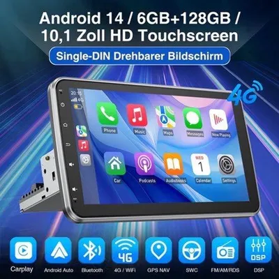 Zdjęcie produktu dla Radio samochodowe 1 DIN z DAB i kamerą - ekran dotykowy 10,1 cala - system Android 14 - moc 4 x 60W - nawigacja GPS, Bluetooth, USB
