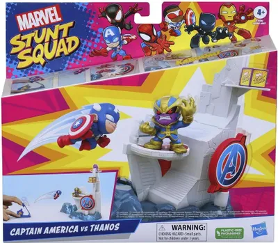 The image shows the packaging for a Marvel Stunt Squad Captain America vs Thanos toy set. The packaging features colorful graphics and illustrations of the characters.