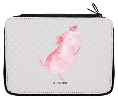 Produktbild von Mr. & Mrs. Panda Federmäppchen Axolotl Tanzen - Grau Pastell - Geschenk, Bleistiftetui, Etui, Freundin, Schwanzlurch, Federtasche, Schreibmappe, Federmappe, Freudig