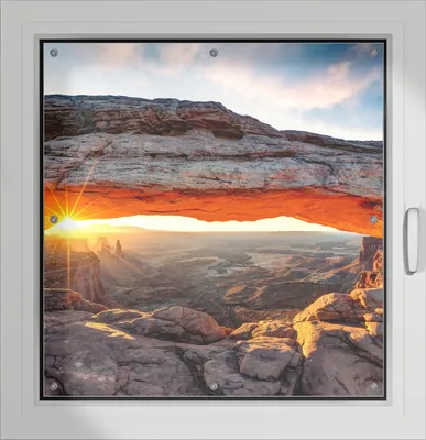 Produktbild von Wallario Lichtschutzbild, Dekorativer Sichtschutz Sonnenschutz 96 x 100 cm mit Motiv: Sonnenstrahl am Horizont  Leuchtende Felsspalte - Verdunklung ohne Bohren