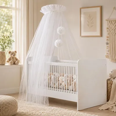 Produktbild von Babybetthimmel aus Tüll, Betthimmel für Babybett, Prinzessin Babywiege, Beistellbett Baby, Moskitonetz, Babyzimmer Deko, Baldachin Kinderzimmer 165cm lang, mit Pompons, Taupe (Ekru)