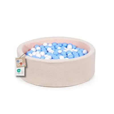 Produktbild von Bällebad Kinder ?100cm – Bällepool Baby Rund mit 200 Bällen – Spielpool für Kleinkinder – Indoor Spielspaß (Creme Bouclé, Weiß/Blau)