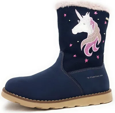 A single blue boot with a unicorn design is shown against a white background.