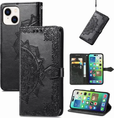 A collage of images showing a black leather phone case with embossed mandala designs, including different angles and views of its functionality.