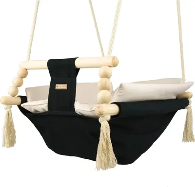 Produktbild von Baby Hängewiege schwarz creme aus Holz und Baumwolle, bis 20 kg, ab 2 Monate, mit Gurt