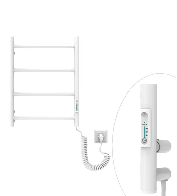 A white electric towel radiator with a coiled power cord and plug, shown against a white background. A close-up inset shows the control panel.