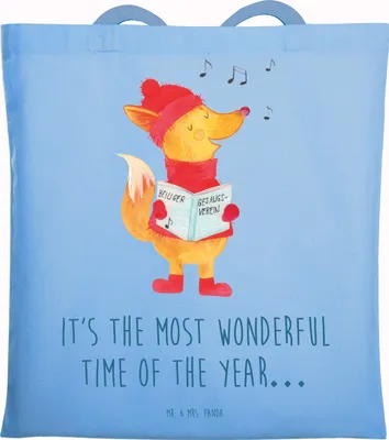 Produktbild von Mr. & Mrs. Panda Tote Bag Fuchs Sänger - Sky Blue - Geschenk, Einkaufstasche, Schultasche, Winter, Singen, canvas tasche, Weihnachten, Laptoptasche, Heiligabend