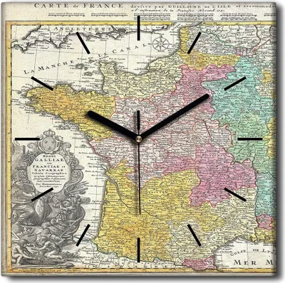 Produktbild von Coloray Uhr auf Leinwand 30x30 cm Wand Uhr Dekoration Wohnzimmer Segeltuch schwarze Hände -Karte von Frankreich Vintage