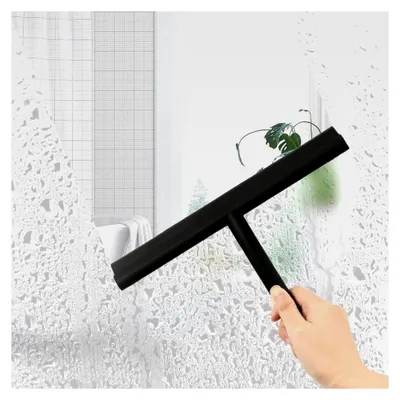 Produktbild von Duschabzieher aus Silikon mit Halterung ohne Bohren, Edelstahl-Kern für Fenster, Badezimmer, Spiegel, Glasreinigung, Fliesen, Autofenster - Schwarz