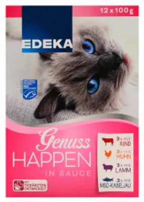 Produktbild von Genuss Happen Katzenfutter in Sauce in 4 Geschmackssorten, 8er Pack (8 x 1,2 kg Packung)
