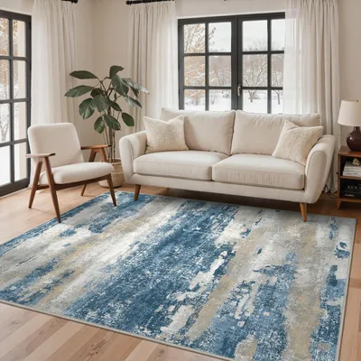 Produktbild von Waschbarer Teppich Wohnzimmer 160x230 cm Blau Farbverlauf Rechteckig Kurzflor Rutschfest Maschinenwaschbar