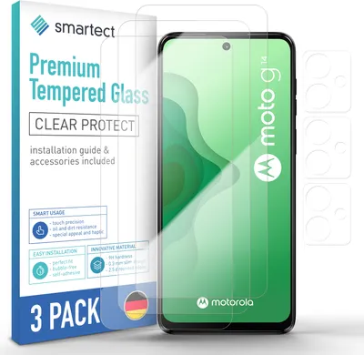 A product shot of a 3-pack of screen protectors for a Motorola Moto G14, with the packaging prominently displayed.