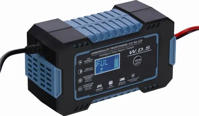 A black and blue battery charger with a digital display.