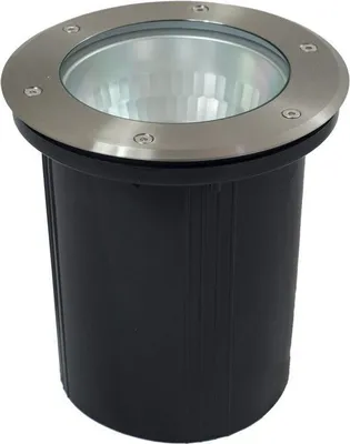 A ground light fixture with a stainless steel rim and a black cylindrical base.