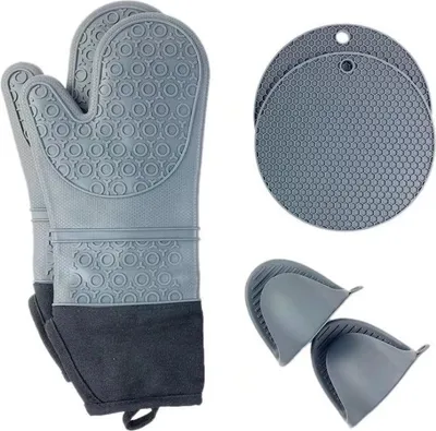 Produktbild von Ofenhandschuh + Silikon Topflappen Handschuhe + Silikon Topflappen, Hitzebeständige rutschfeste Backhandschuhe, Zum Kochen und Backen, 6 Stück Set