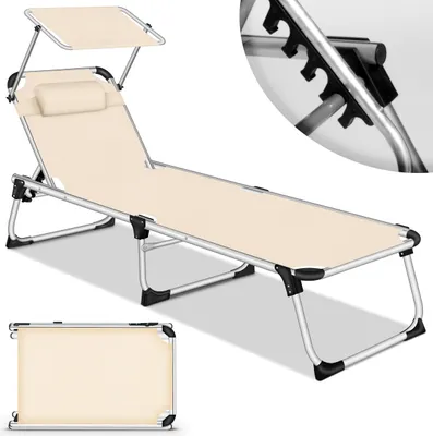 A beige sun lounger with a canopy and pillow, shown in a studio setting with a white background. A close-up inset shows a detail of the canopy attachment.