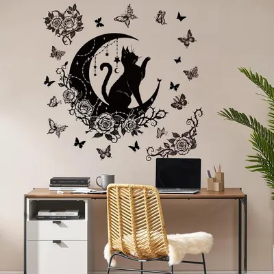 Productafbeelding van Glow in the Dark Moon Cat Wall Stickers Gothic Flower Rose Butterfly Peel and Stick Wall Art Stickers for Halloween Bedroom Living Room Decor