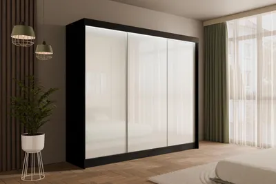 Produktbild von ALTDECOR Kleiderschrank mit Lacobel-Schiebetüren, kugelgelagerte Führungsschienen und Aluminium- Leisten, LED-Beleuchtung (weiß + 16 Farben) und Fernbedienung - PEKA - 250 cm Schwarz /  Weiß