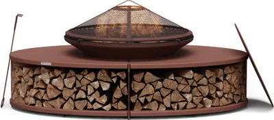 A round fire pit with a grill grate and a storage area for firewood, shown on a white background.