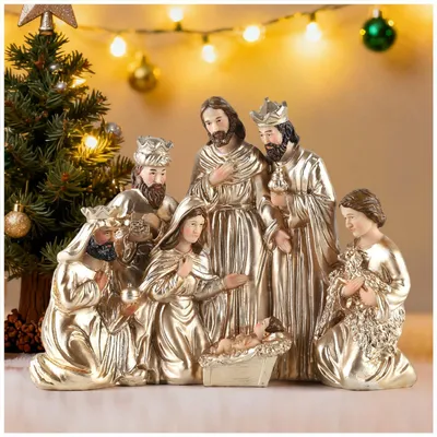 Goldene Harzkrippe mit Heiliger Familie, 12 Zoll