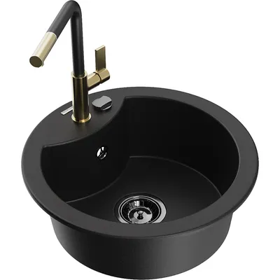 Obrázek produktu pro Mexen Diego 1-miskový granitový dřez s kuchyňskou baterií Flora, Černá - 6512-77-670401-57-B