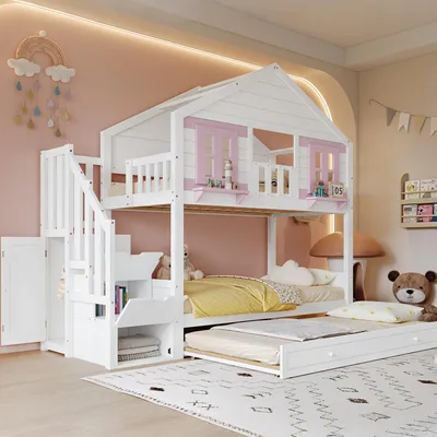 Produktbild von Flieks Etagenbett 90x200cm mit ausziehbarem Bett 90x190cm, Kinderbett mit Kleiderschrank und Schubladen, Hochbett Hausbett mit Lattenrost, Weiß Rosa