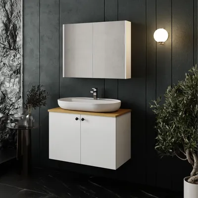 Produktbild von Badmöbel Set Weiß Eichenplatte | Keramik | Unterschrank & Spiegelschrank 80 cm