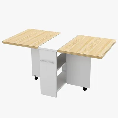Imagen del producto de Mesa plegable para comer con ruedas, mesa extensible plegable de 2 niveles, mesa compacta ideal para espacios pequeños, cocina, apartamento, oficina, color blanco