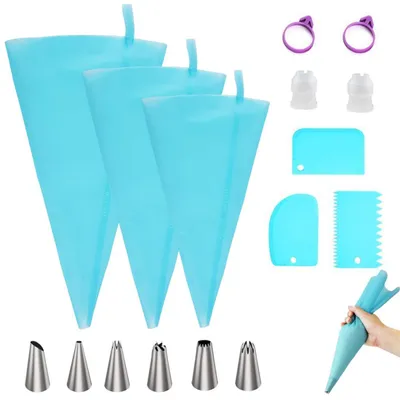 Produktbild von Spritzbeutel-Set - 16-teilig wiederverwendbar - Zum Dekorieren von Torten und Gebäck - Silikon mit Edelstahl-Tüllen