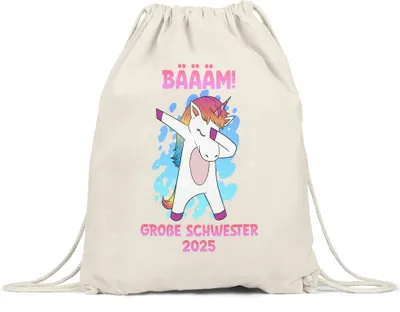 Produktbild von Bäääm Große Schwester 2025 Turnbeutel Gymsack Einhorn Schwangerschaft Ankündigung Babyparty Babyshower Geschwister