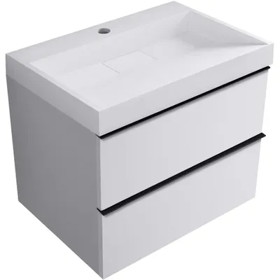 Immagine prodotto di CERANO - Mobile da bagno Velora - bianco opaco, maniglia nera + lavabo in marmo lit. con foro Vita - bianco lucido - 70x63x46,5 cm