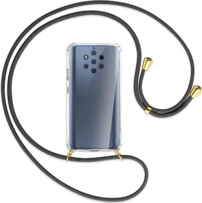 Produktbild von Handykette Backcover-Schutzhülle mit Band (Metall goldfarben) für Nokia 9 PureView - dunkelgrau