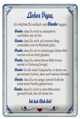Produktbild von Blechschild Spruch 20x30cm lieber Papa Ich hab dich lieb