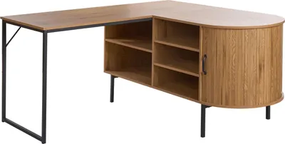 Obrázok produktu pre BELIANI Svetlo hnedý rohový domáci stôl s čiernym MDF 140 x 140 cm kovovým rámom s 3 policami a dvierkami