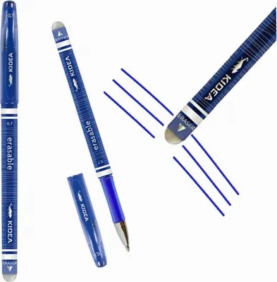 A collage of images showing a blue erasable pen from different angles, including a close-up of the eraser and writing lines.