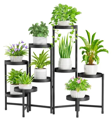 Image de Support à plantes en métal à 9 niveaux, support à fleurs, étagère à plantes, étagère à fleurs pour l'intérieur et l'extérieur, étagère à plantes pliable pour l'intérieur, le jardin, le balcon et le salon (ronde, noire)