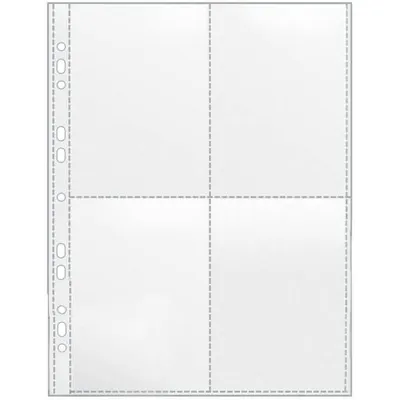 A clear, well-lit studio shot of a four-pocket page protector for A6 sized items.