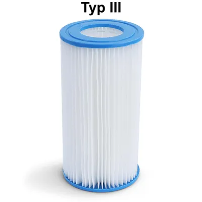 A white pleated pool filter cartridge with blue end caps, labeled 'Typ III'.