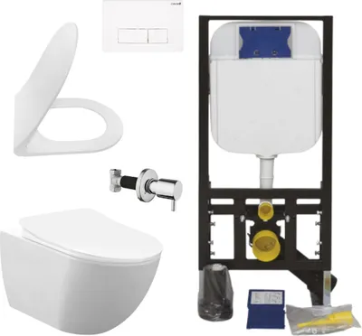 Produktbild von Creavit Hänge WC Set spülrandlos Weiß mit Edelstahl Taharet, Softclose WC Sitz und Vorwandelement Unterputz 3/6 L Spülkasten