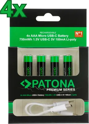 Produktbild von 16x PATONA Premium USB-C AAA Akkus Lithium 1.5V 750mWh (4x 4er Blister)