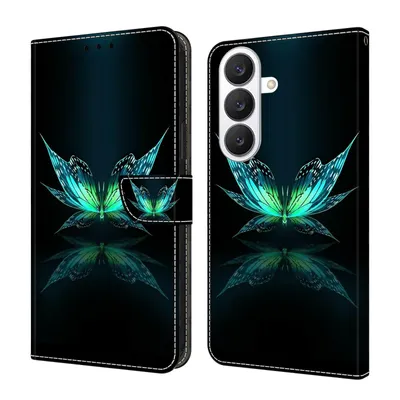 Produktbild von CLM-Tech Handyhülle kompatibel mit Samsung Galaxy S26 Hülle - Tasche aus Kunstleder - Klapphülle mit Ständer und Kartenfächern - Schutzhülle Wallet Case Cover schwarz türkiser Schmetterling