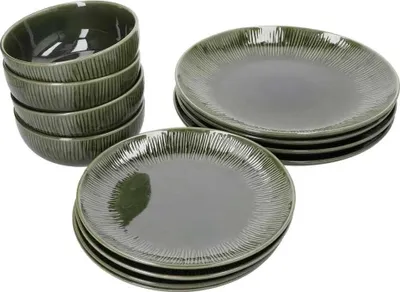 Produktbild von Mikasa Gartengeschirr de 12 Teile, Essgeschirr de Gres für 4 mit Speisetellern de, Beilagentellern und Schalen, Grün - Geschenkbox de und spülmaschinenfest