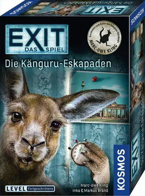 The image shows the front and side of a board game box featuring a close-up of a kangaroo's face and elements of the game's theme.