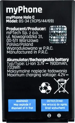 Zdjęcie produktu dla myPhone Halo C bateria zastępcza 1900mAh BS-34 litowo-jonowa NOWOŚĆ z certyfikatem CE