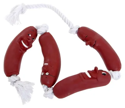Image de Jouet saucisse en latex sur corde avec 6 noeuds pour chien